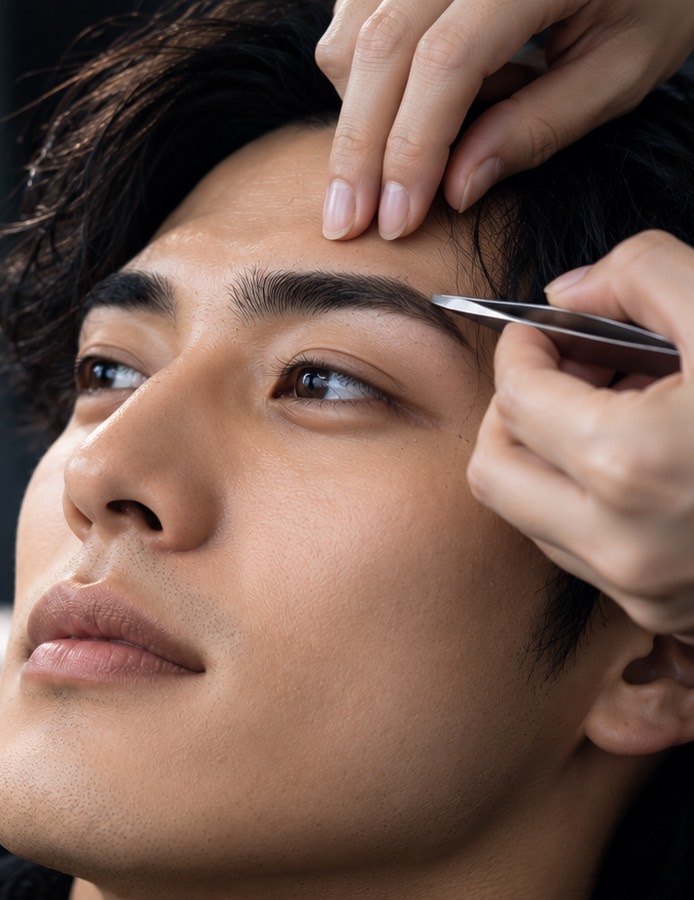 眉を整える施術を受ける男性